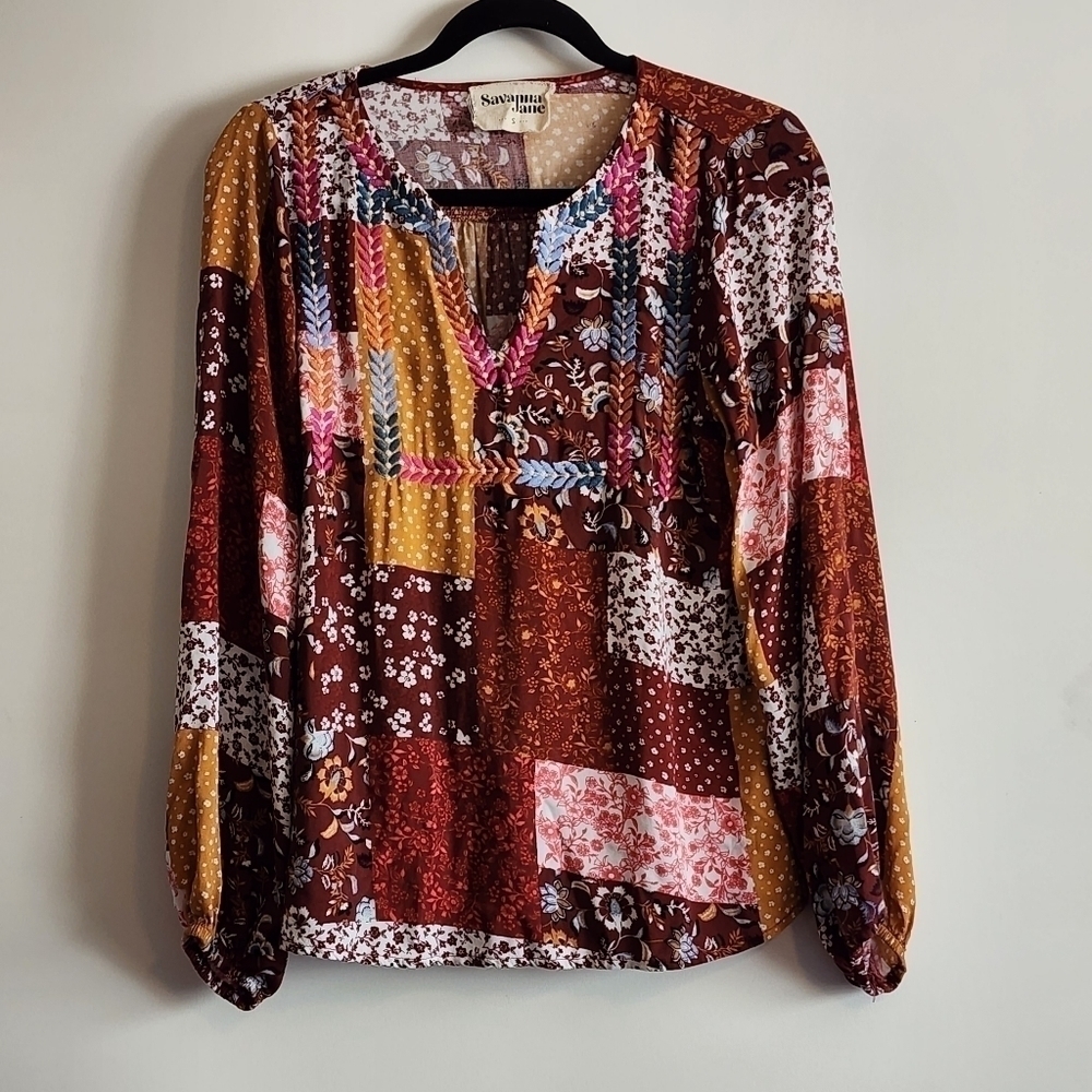 Savanna Jane Multicolor Patchwork Blouse Small Bohemian Festive Fall